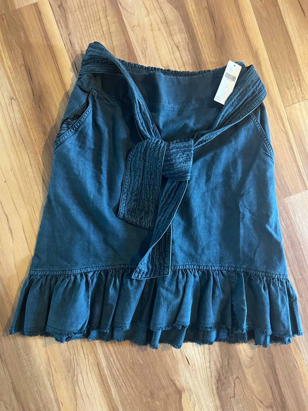 Anthropologie washed teal Tie-Waist Ruffle-Hem  Skirt with Pockets